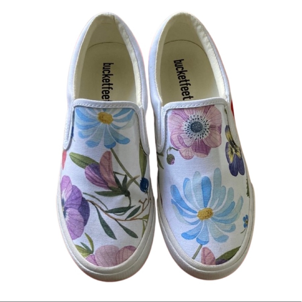 Bucketfeet low top canvas slip-ons like Vans with spring floral design